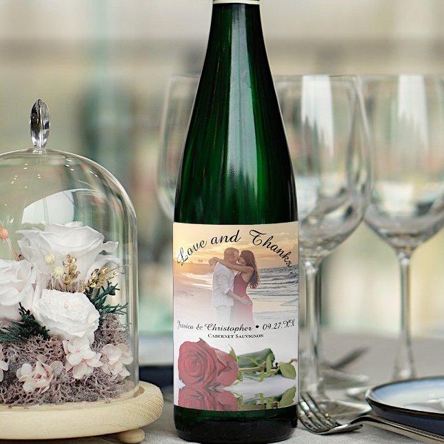 Étiquette Pour Bouteilles De Vin Love & Merci Romantic Red Rose Mariage Photo (Créateur téléchargé)