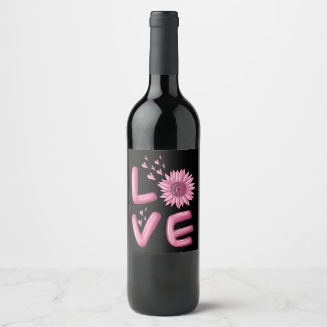 Étiquette Pour Bouteilles De Vin Love Tournesol Rose (Devant)