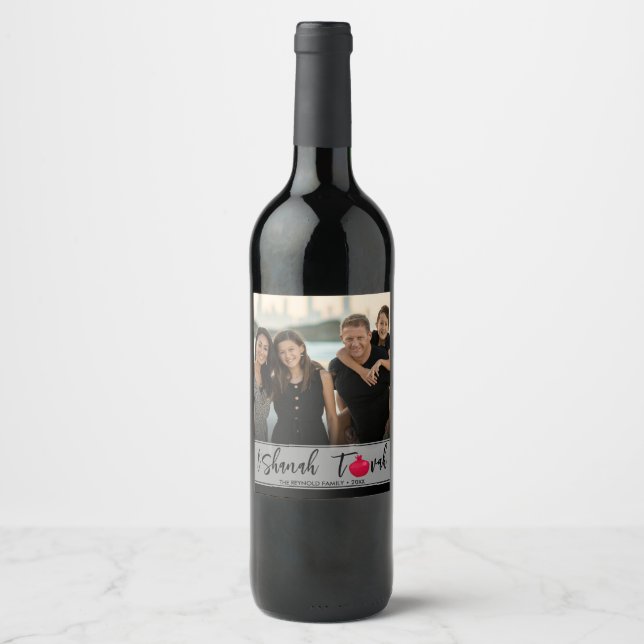 Étiquette Pour Bouteilles De Vin L'Shanah Tovah Grenade Élégante Script Photo (Devant)