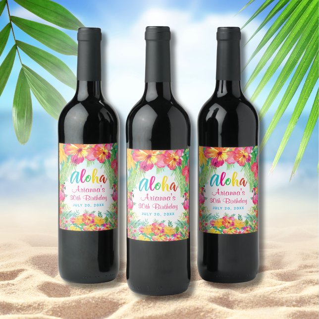 Étiquette Pour Bouteilles De Vin Luau Tropical Flamant Rose Anniversaire (Créateur téléchargé)