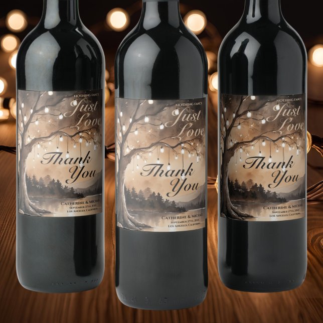 Étiquette Pour Bouteilles De Vin Lumières À Chaînes Sur Le Mariage campagnard Roman (Front view enchanted woodland forest lights oak tree lanterns romantic country wedding wine labels)