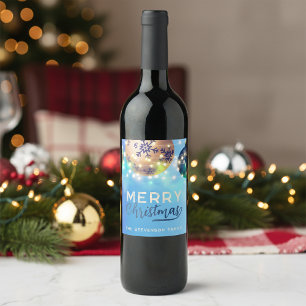 Étiquette Pour Bouteilles De Vin Lumières de Noël élégantes en bleu et or