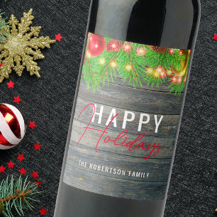 Étiquette Pour Bouteilles De Vin Lumières de Noël rustiques en bois de pin