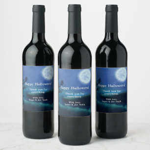 Étiquette Pour Bouteilles De Vin Lune d'Halloween à la nuit dans les tons bleu et v