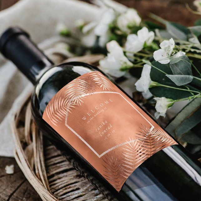 Étiquette Pour Bouteilles De Vin Lush Palm Leaf Mariage Bienvenue Terra Cotta ID956 (Créateur téléchargé)