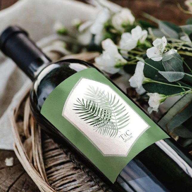 Étiquette Pour Bouteilles De Vin Lush Palm Leaf Mariage Moss Green ID956 (Créateur téléchargé)