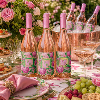 Étiquette Pour Bouteilles De Vin Luxe Botanique Fête Cocktail Rose et Vert