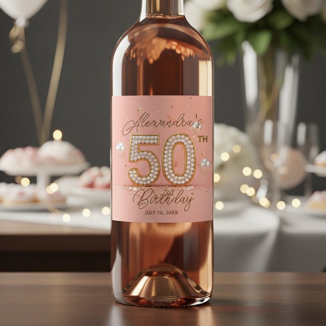 Étiquette Pour Bouteilles De Vin Luxurious Pearl Soft Pink Gold 50th Birthday  (Créateur téléchargé)