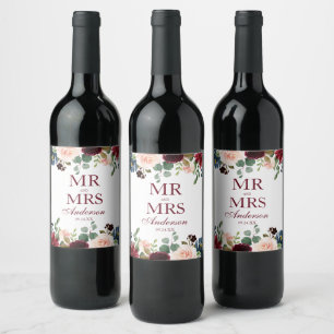 Étiquette Pour Bouteilles De Vin M. et Mme Burgundy Mariage Florale Bleue