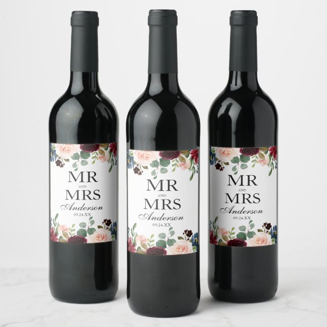 Étiquette Pour Bouteilles De Vin M. et Mme Burgundy Mariage Florale Bleue (Bouteilles)