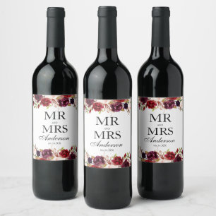 Étiquette Pour Bouteilles De Vin M. et Mme Floral Burgundy Mariage