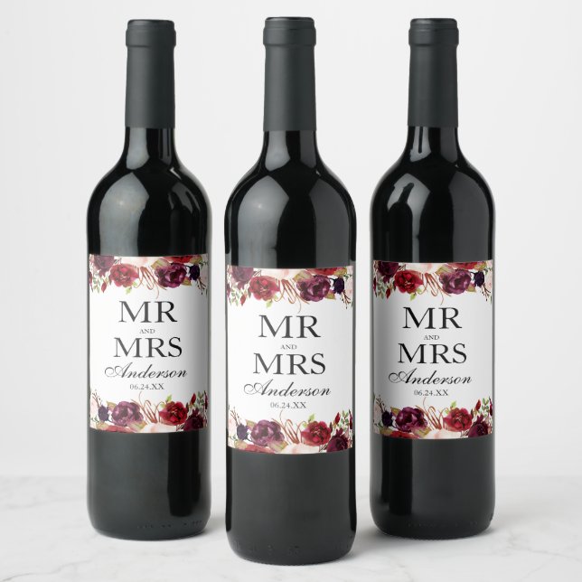 Étiquette Pour Bouteilles De Vin M. et Mme Floral Burgundy Mariage (Bouteilles)