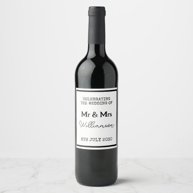 Étiquette Pour Bouteilles De Vin M. Et Mme Mariage Célébration Noir Et Blanc (Devant)