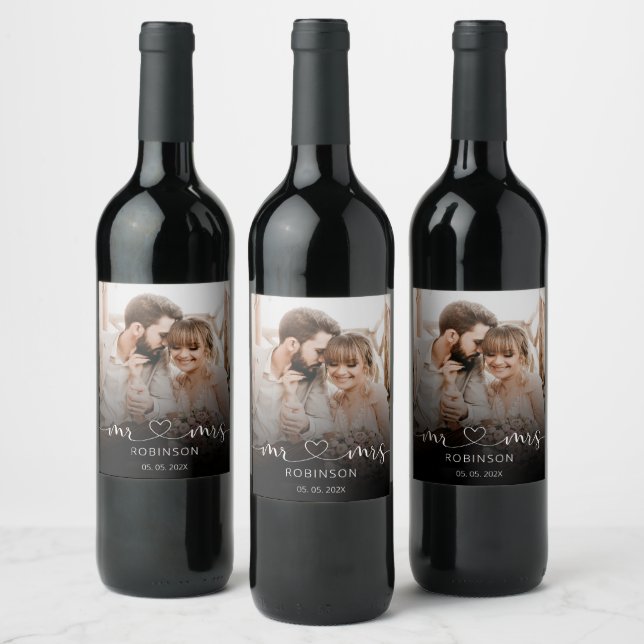 Étiquette Pour Bouteilles De Vin M. et Mme Script Photo Mariage Bottle Favor (Bouteilles)