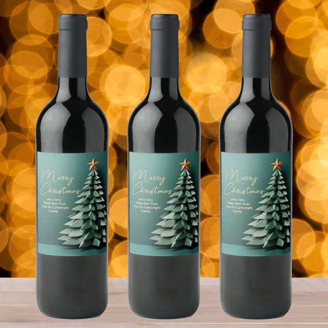 Étiquette Pour Bouteilles De Vin Magnifique Joyeux Arbre de Noël Gold Green (Créateur téléchargé)