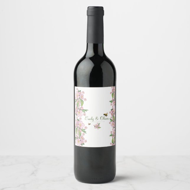 Étiquette Pour Bouteilles De Vin Magnifiques fleurs de pommier à l'aquarelle et abe (Devant)