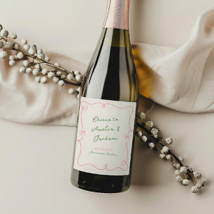 Étiquette Pour Bouteilles De Vin Main Whimsical Tirée Mariage vert et rose