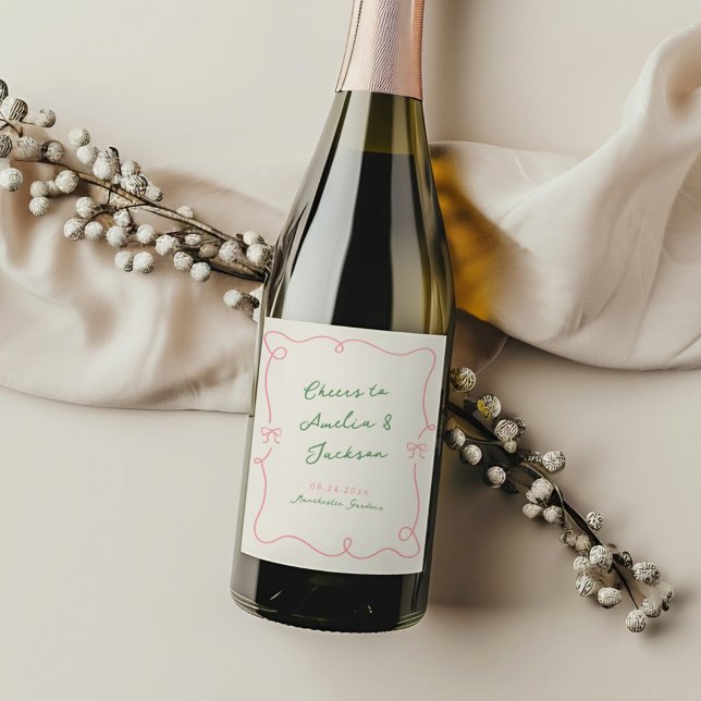 Étiquette Pour Bouteilles De Vin Main Whimsical Tirée Mariage vert et rose (Créateur téléchargé)