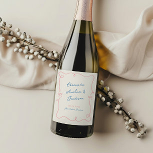 Étiquette Pour Bouteilles De Vin Main Whimsical tirée rose et Mariage bleu