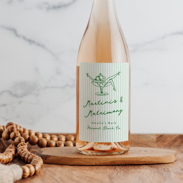 Étiquette Pour Bouteilles De Vin Main Whimsical Tirée Vert Martinis & Mariage (Créateur téléchargé)