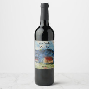 Étiquette Pour Bouteilles De Vin Maison de campagne Paysage Étiquette de vin rouge