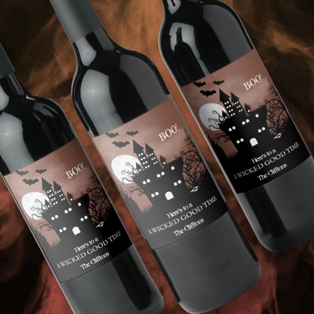 Étiquette Pour Bouteilles De Vin Maison hantée d'Halloween (Set of 6 personalized Halloween wine bottle labels.)