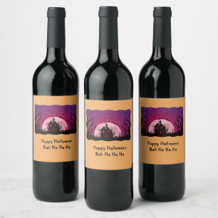 Étiquette Pour Bouteilles De Vin Maison hantée Halloween noir et orange