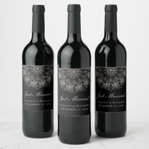 Étiquette Pour Bouteilles De Vin Mandala Indien Boho Noir Mariage Juste Mariés