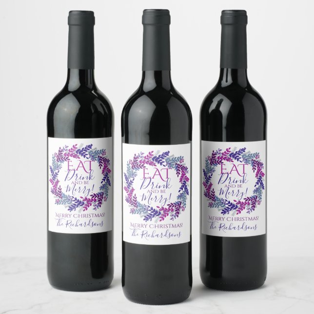 Étiquette Pour Bouteilles De Vin Mangez Boire Et Soyez Joyeux Courbe De Noël Violet (Bouteilles)