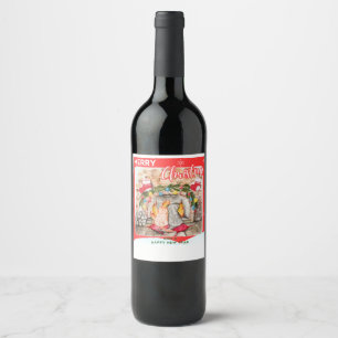 Étiquette Pour Bouteilles De Vin Manoir de Noël confortable avec chien et chat