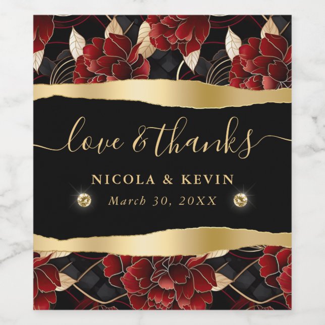 Étiquette Pour Bouteilles De Vin Marbre rouge noir et or Mariage floral (Étiquettes simples)