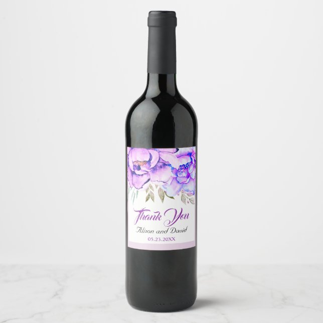 Étiquette Pour Bouteilles De Vin Mariage à fleurs d'aquarelle violette (Devant)