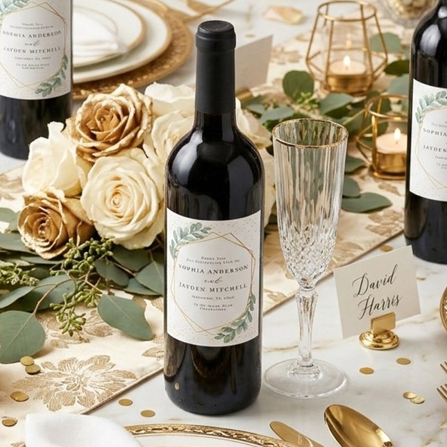 Étiquette Pour Bouteilles De Vin Mariage à la feuille d'or géométrique Eucalyptus (Créateur téléchargé)