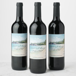 Étiquette Pour Bouteilles De Vin Mariage à la plage à l'aquarelle pour toujours et