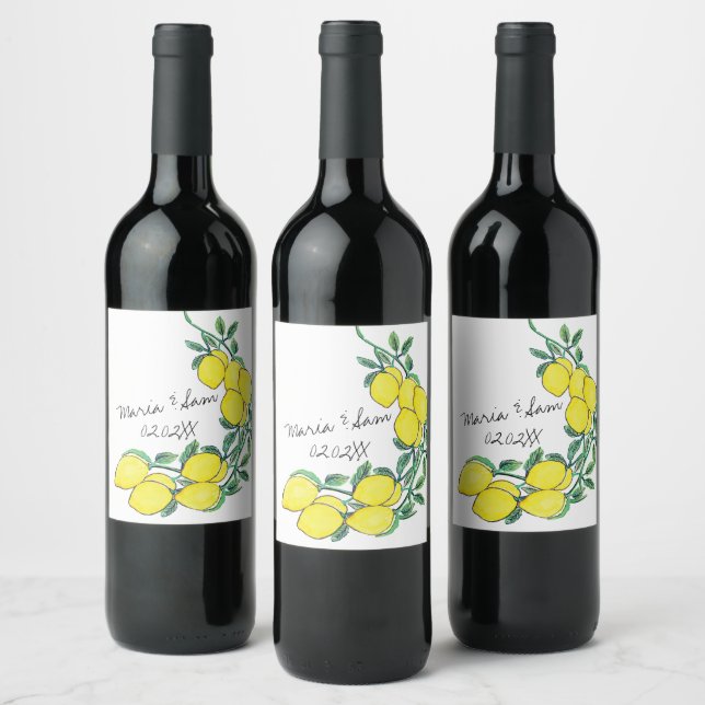 Étiquette Pour Bouteilles De Vin Mariage à l'aquarelle Citron Script (Bouteilles)