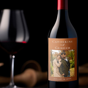 Étiquette Pour Bouteilles De Vin Mariage à l'Orange Brûlé Rustique avec Photo Perso