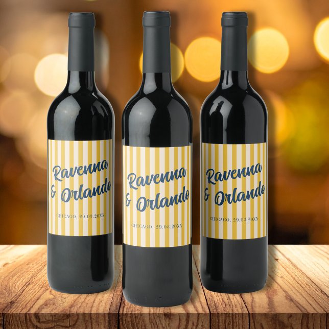 Étiquette Pour Bouteilles De Vin Mariage à rayures pêche rétro bleu minuit (Créateur téléchargé)