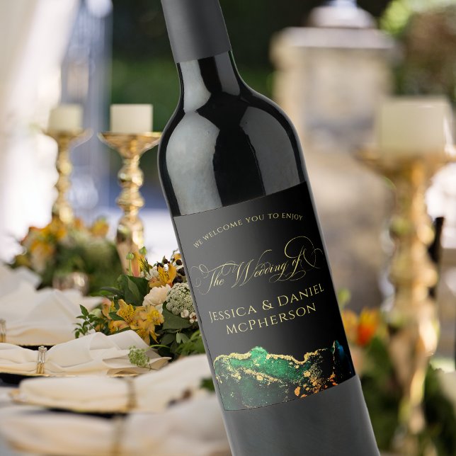 Étiquette Pour Bouteilles De Vin Mariage Abstrait Black Green Gold (Modern Abstract Black Green Gold Wedding Wine Label)