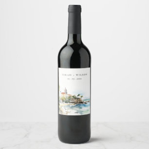 Étiquette Pour Bouteilles De Vin Mariage aquarelle paysage San Juan Porto Rico
