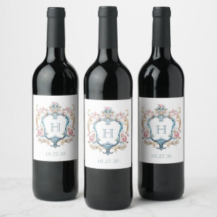 Étiquette Pour Bouteilles De Vin Mariage au Blason Floral Monogrammé Vintage