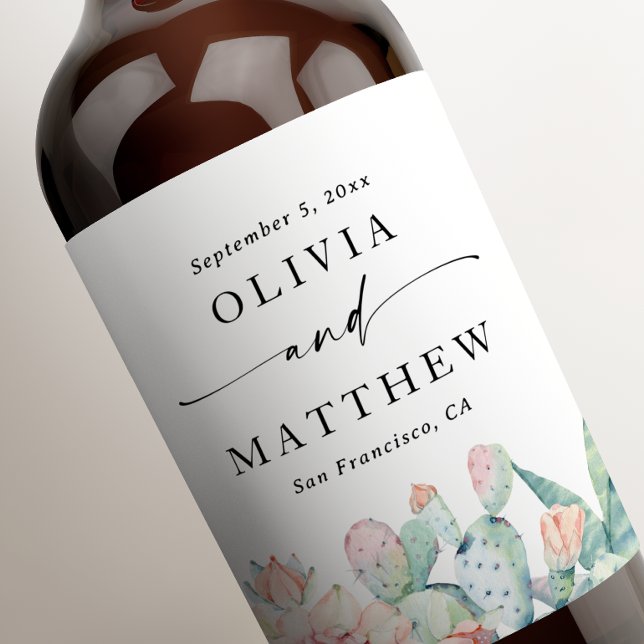 Étiquette Pour Bouteilles De Vin Mariage au Cactus à l'Aquarelle | Bohème & Sud-Oue (Créateur téléchargé)