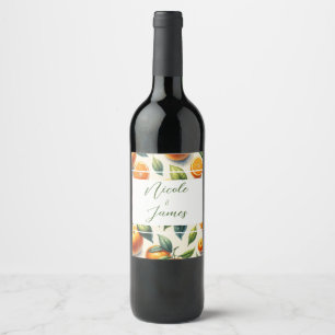Étiquette Pour Bouteilles De Vin Mariage aux feuilles d'orange agrumes à l'aquarell