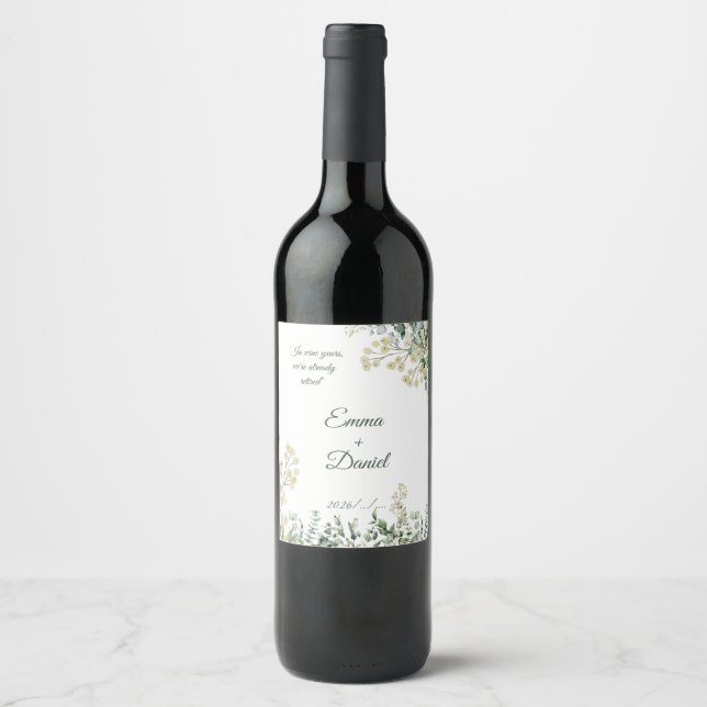Étiquette Pour Bouteilles De Vin Mariage aux Fleurs Blanches avec une Citation Drôl (Devant)