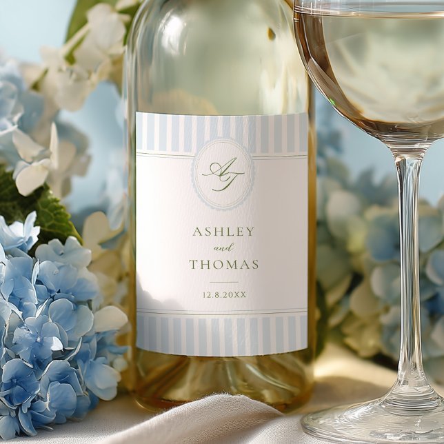 Étiquette Pour Bouteilles De Vin Mariage aux Rayures Bleues Élégantes (Créateur téléchargé)