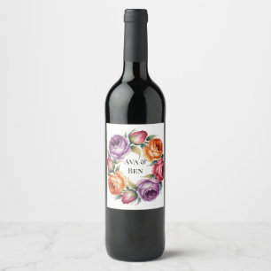 Étiquette Pour Bouteilles De Vin Mariage aux Roses Violettes, Orange et Rouges Fest