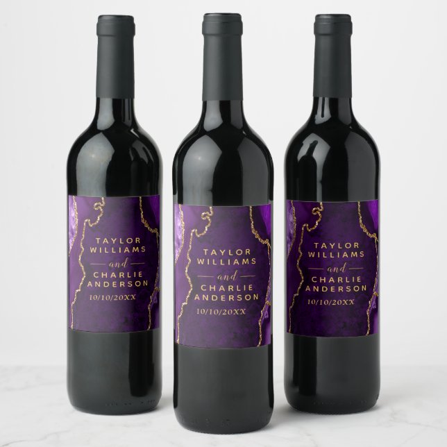 Étiquette Pour Bouteilles De Vin Mariage Bille d'agate violette et dorée (Bouteilles)