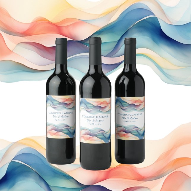 Étiquette Pour Bouteilles De Vin Mariage blanc blanc blanc couleur Abstrait moderne (Modern Abstract Color Wave Blue Wedding Wine Label)