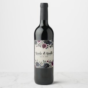 Étiquette Pour Bouteilles De Vin Mariage bleu de minuit Bourgogne floral avelé
