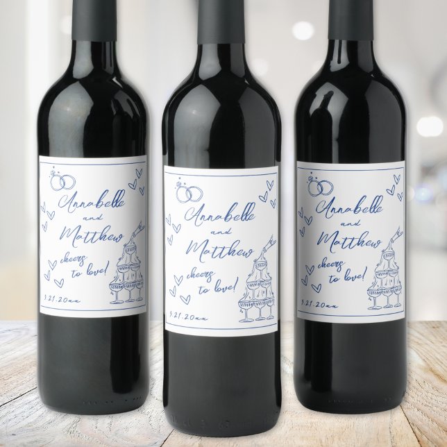 Étiquette Pour Bouteilles De Vin Mariage Bleu Dessiné à la Main (Hand Drawn Blue Wedding Wine Label )