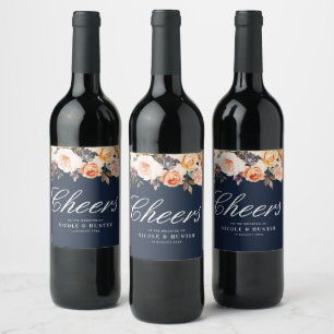Étiquette Pour Bouteilles De Vin mariage bleu marine bleu or et floral roux
